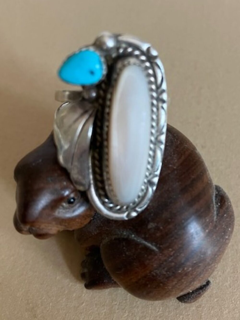 Vintage Handmade Navajo Mother of Pearl, Turquoise and Sterling Ring